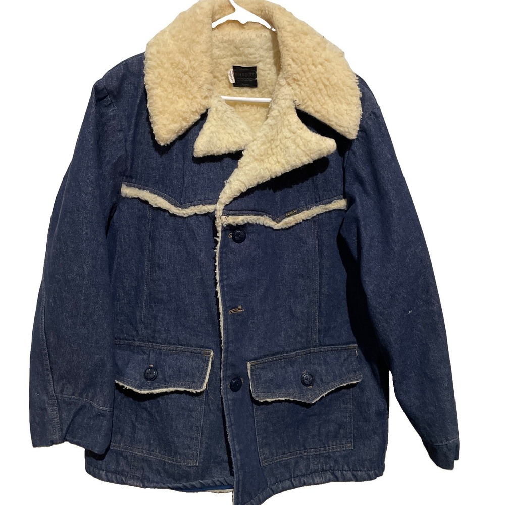 Vintage Roebucks Sears Denim Trucker Barn Coat Men's 44 R Sherpa Lined Western